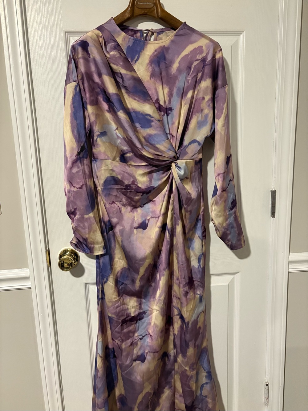 Abstract Purple Twist-Front Long Sleeve Dress